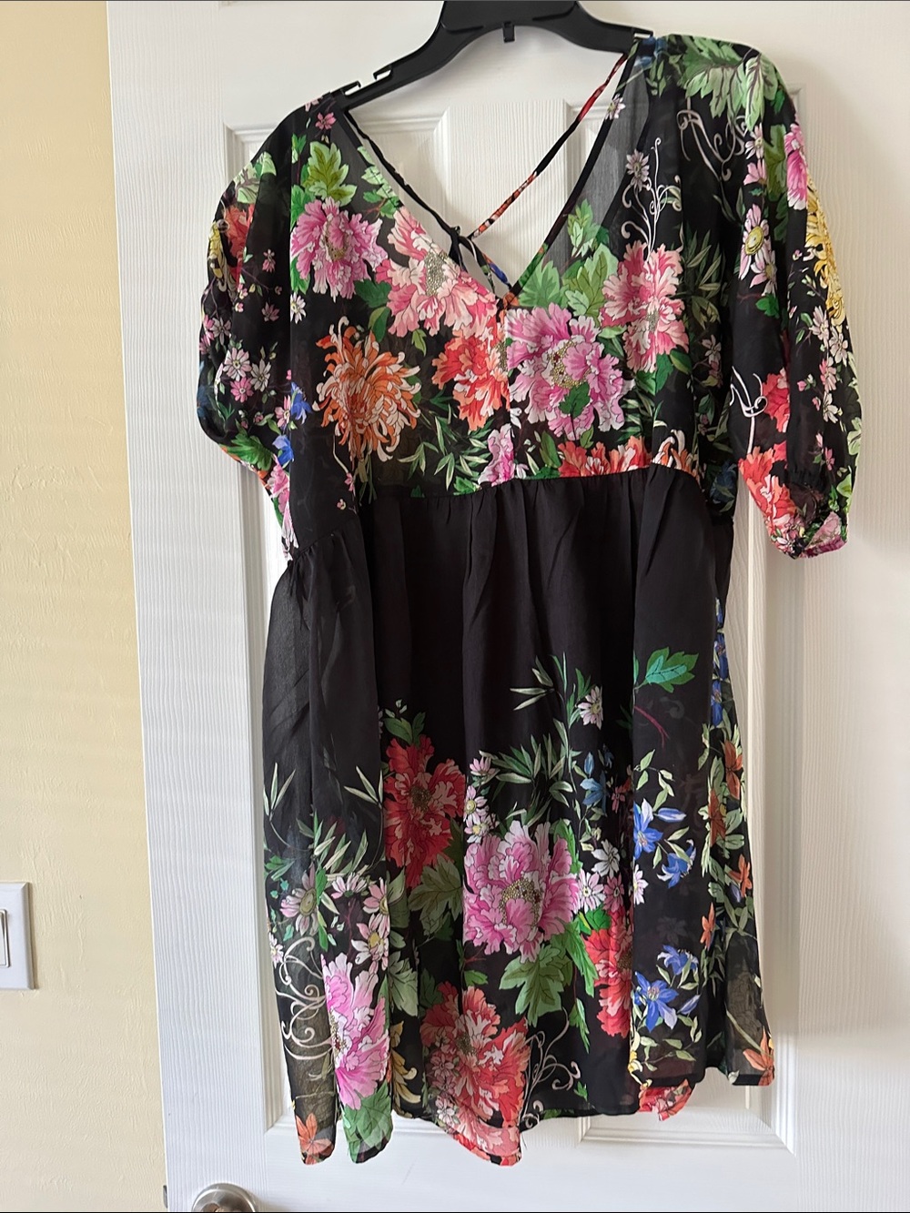 Johnny Was Black Floral Mini Dress with Pink, Green, Blue & Orange Blooms